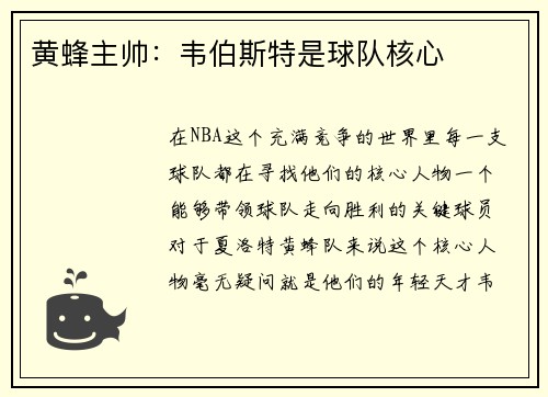 黄蜂主帅：韦伯斯特是球队核心