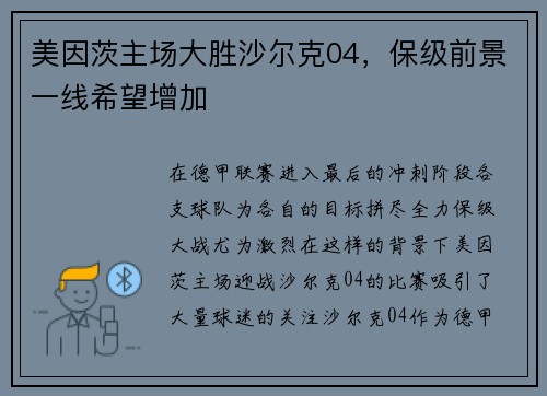 美因茨主场大胜沙尔克04，保级前景一线希望增加