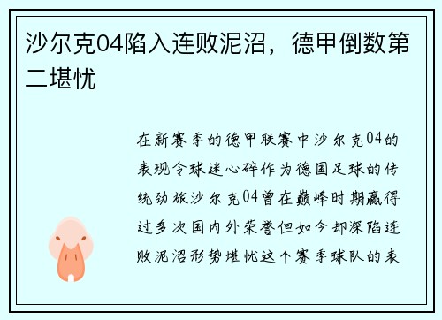 沙尔克04陷入连败泥沼，德甲倒数第二堪忧
