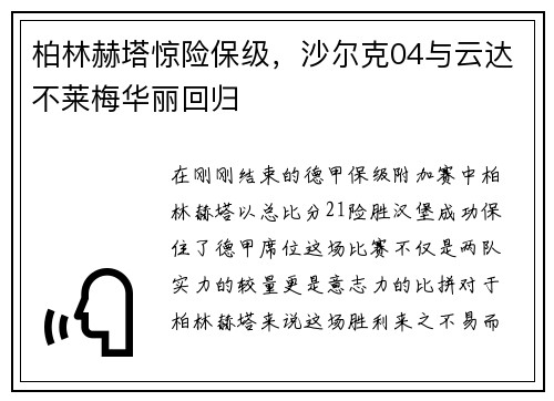柏林赫塔惊险保级，沙尔克04与云达不莱梅华丽回归