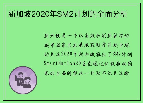新加坡2020年SM2计划的全面分析