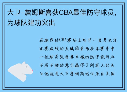 大卫-詹姆斯喜获CBA最佳防守球员，为球队建功突出