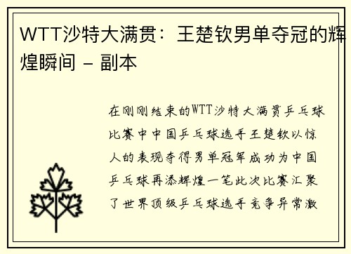 WTT沙特大满贯：王楚钦男单夺冠的辉煌瞬间 - 副本