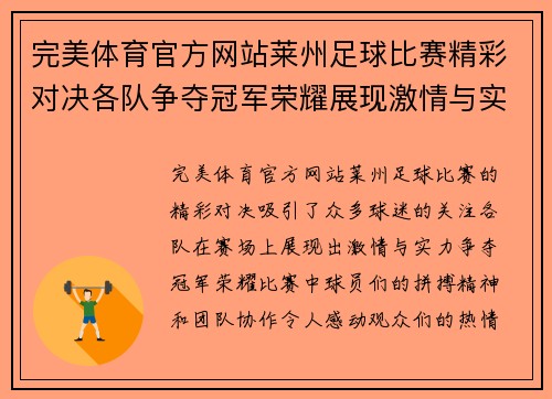 完美体育官方网站莱州足球比赛精彩对决各队争夺冠军荣耀展现激情与实力