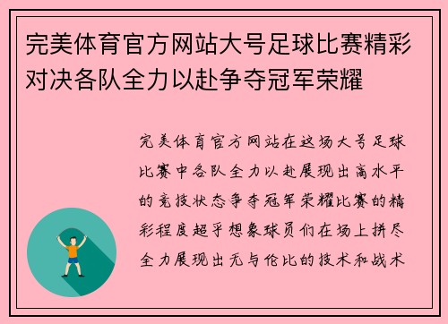完美体育官方网站大号足球比赛精彩对决各队全力以赴争夺冠军荣耀